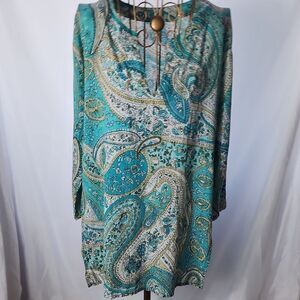 Lightweight 100% Cotton Aqua Blue Tan & White 3/4 Sleeve Tunic